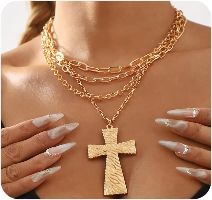 Multilayer Gold Chunky Cross Pendant Necklaces for Women Punk Large Crucifix Choker Necklaces Adjustable Big Cross Chain Necklace Jewelry Accessories