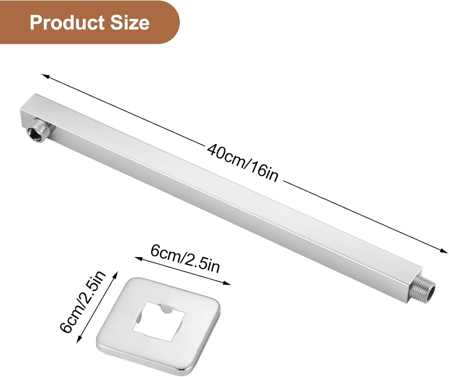 Shower Arm with Flange 16 Inch Stainless Steel Overhead Shower Extension Arm Bathroom Wall Mounted Pipe for Rainfall Showerhead, Chrome Finish (Teflon Tape Included)