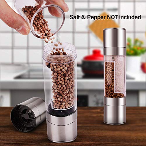 Mixoo Salt And Pepper Grinder - 2 In 1 Manual Stainless Steel Salt Pepper Mill Herb Spice Grinder Shakers Refillable With Adjustable Coarseness Ceramic Rotor And Dual Clear Acrylic Chamber #TOP3
