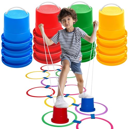 8 Pair Balancing Stilts for Kids and 1 Hopscotch Ring Game Set Thickened Walking Bucket with Adjustable Rope Hop Scotch Kid Balance Coordination Toy Indoor Outdoor Birthday Playground Game Party Favor by Foilswirl - Used condition - US$37.99