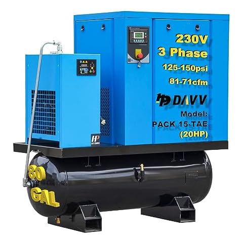 HPDAVV 208-230V 3-Phase 20HP/15KW Rotary Screw Air Compressor with Tank & Refrigerated Air Dryer - 81CFM/125PSI - 80 Gallon ASME Tank Industrial Air Compressed System Base Mounted Pack15-TA Cover