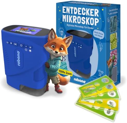Rabano Digitales Mikroskop Kinder | Abenteuer Mikroskop für Kinder | Blau | Tragbares Kinder Mikroskop mit 1000x Zoom und HD-Bildschirm | Digitales Mikroskop Kinder für Experimente
