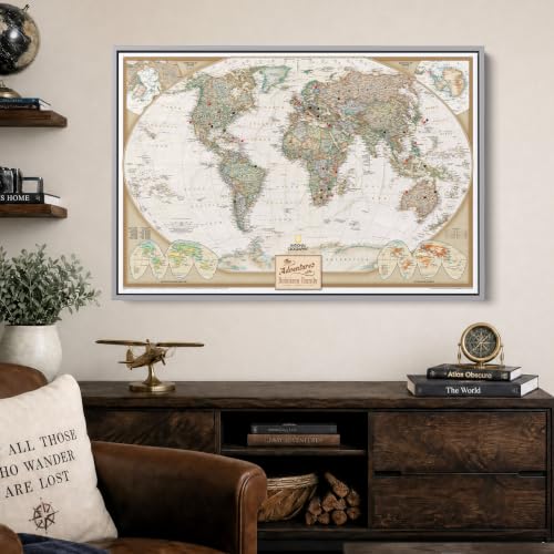 Image of Executive World Push Pin Map - National Geographic Antique Style Canvas Travel Tracker - Extra Large Framed Wall Decor - Silver Float Frame - 34 inch x 51 inch