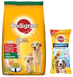 Pedigree Complete & Balanced Food for Puppy & Adult Dogs, 100% Vegetarian, 3 Kg & Pedigree Dentastix Medium Breed (10-25 kg) Oral Care Dog Treat, 180g Weekly Pack (7 Chew Sticks)