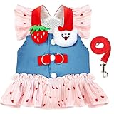 Small Dog Harness and Leash Set Denim Cat Harness Dress for Puppy Clothes for Girls Pink Dog Birthday Dress French Bulldog Harness with Strawberry Bear Decoration