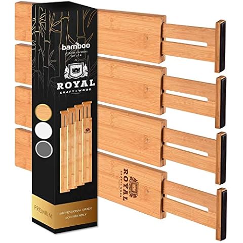 Adjustable Bamboo Drawer Dividers with Inserts - Luxury Expandable Drawer Separators for Kitchen, Clothes, Drawer Organizer, 4-Pack (17"-22") Cover