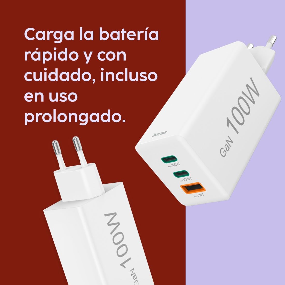 Hama | Cargador Rápido GaN 100 W USB-C PD QC 3.0 Blanco | Carga rápida de hasta 100 W con tecnología GaN, compatible con iPhone, Samsung, MacBook y más, Blanco