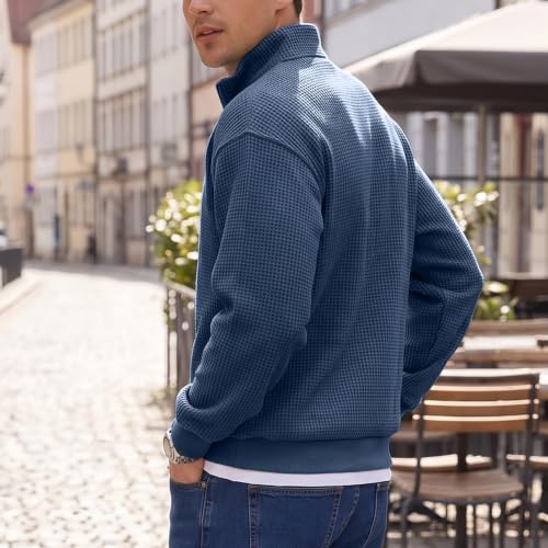 Waffle Quarter Zip Pullover Men Oversized Mock Neck Sweatshirt with Pockets | Comfort, Soft, Mockneck, Long Sleeve, Drop Shoulder Pullover, Business Casual Sweatshirt, 1/4 Zip Pullover, Fall Sweatshirts — view 3