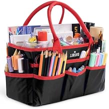 JJRING Craft and Art Organizer Tote Bag - 600D Red Nylon Fabric Art Caddy with Pockets - for Art, Craft, Sewing, Medical, and Office Supplies Storage