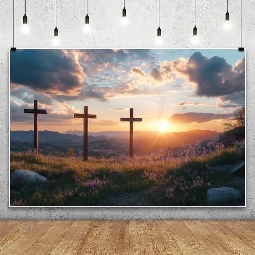 Leowefowa 10x7ft Christian Cross Jesus Christ Backdrop Three Crosses Sunreise Sunset Mountain Tomb Backdrop Sepulcher Lord Pray Religious Background Christmas Easter Decorations Banner Props Vinyl