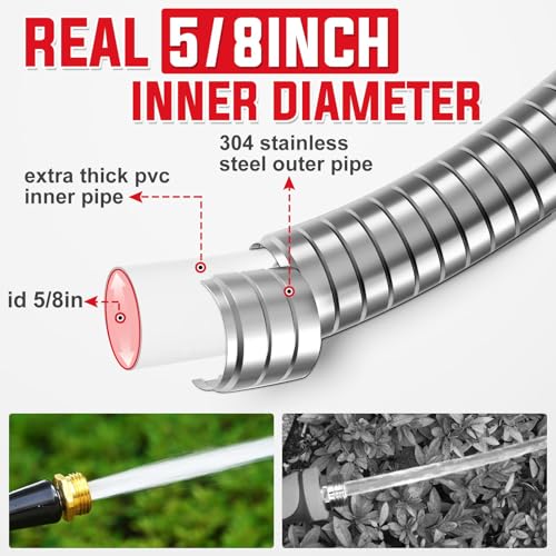 YAMATIC-Garden-Hose-25-FT-x-58-inch304-Stainless-Steel-Water-Hose-No-Kink-Metal-Hose-with-10-Pattern-Spray-NozzleLightweight-Flexible-Puncture-Resistant-Rust-Proof-for-Yard-Outdoor