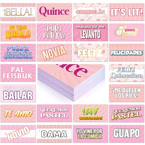 Beeveer 24 Designs Spanish Quinceanera Photo Booth Props Sweet 15th Birthday Parties Decorations Double Sided 11.02 x 5.51'' DIY Waterproof Selfie Signs PVC Printing Photo Props