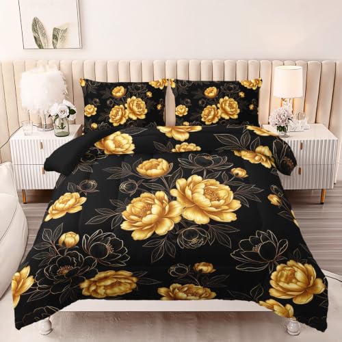 Image of AILONEN Gilded Peony Queen Comforter Set 3 Piece, Dark Garden Bedding Pack, Leaf Outline Artwork, Guest Bedroom, 2 Pillowcases