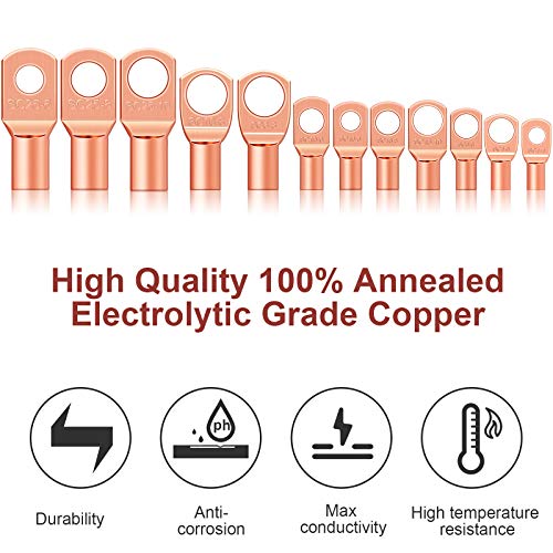 Weewooday 170Pcs Copper Battery Cable Ends 12 Sizes Battery Terminal Connectors Copper Lug Ring Terminal Wire Lugs Kit for AWG4, AWG6, AWG8, AWG10, AWG12 - Image 5