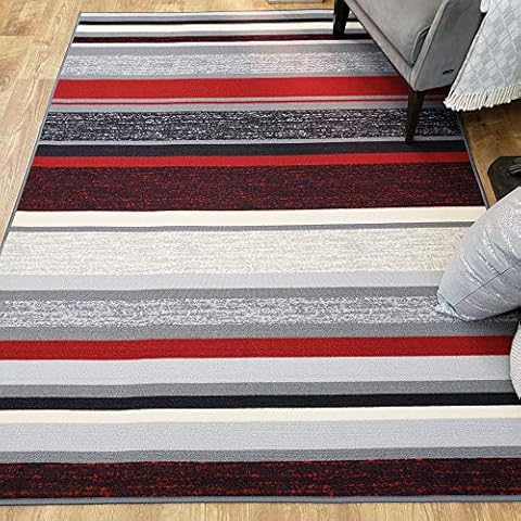 Rubber Backed Area Rug, 39 X 58 inch (fits 3x5 Area), Red Gray Striped, Non Slip, Kitchen Rugs and Mats Cover
