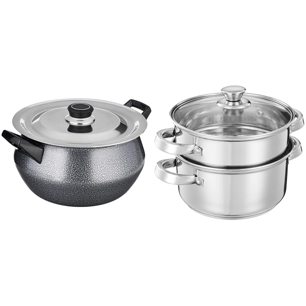 Amazon Brand - Solimo Non Stick Handi with Stainless Steel Lid (4.25L, Hammertone finish, 3 coat, 2.9mm thickness) & Stainless Steel Induction Bottom Steamer/Modak/Momo Maker with Glass Lid (2 litres)