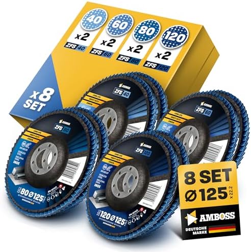 Set Fächerscheibe Ø125mm K41-120 (je 2 Stck.) für Stahl/Edelstahl - Polieren Entroster Kehlnaht schleifen - AMBOSS Werkzeuge ZFS Lamellenschleifscheibe blau Winkelschleifer - Profi