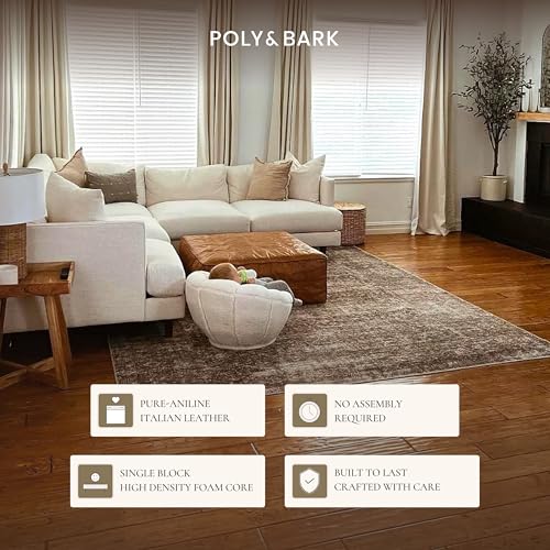 Image of POLY & BARK Taos Ottoman - 37 inch Square Pouf with Feather-Down Topper - Full-Grain Leather Upholstered Pouf Ottoman for Living Room - Vintage Italian Leather in Cognac Tan