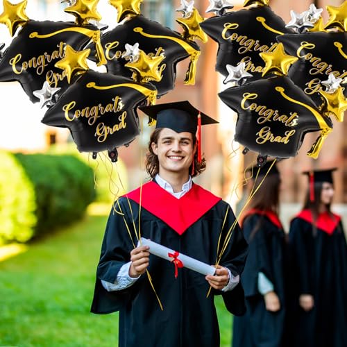 Image of 6 Pcs Graduation Cap Balloons, Large Academic Cap Shaped Black Mylar Graduation Foil Balloons, Grad Hat balloons for 2026 Graduation Party Decorations (Black Gold)
