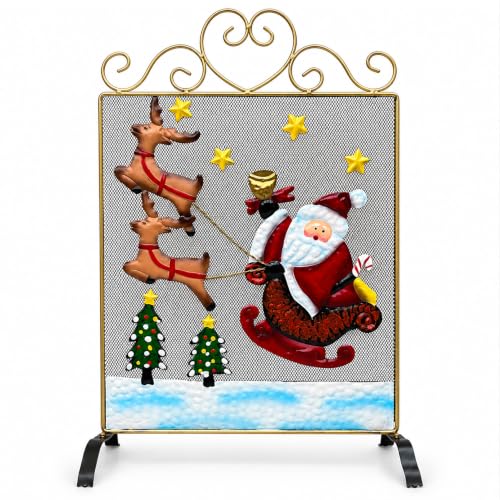Image of Garden Marketplace Metal Fire Guard - Christmas Santa & Reindeer, 60cm Tall