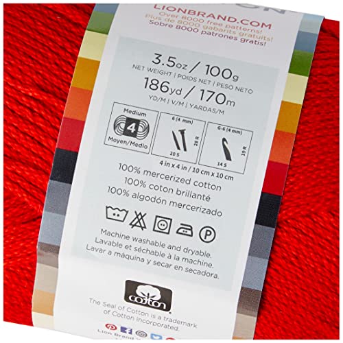 Image of Lion Brand 24 /7 Cotton Yarn, Lightweight Yarn for Knitting, Crocheting, and Crafts, Red, 2 Pack