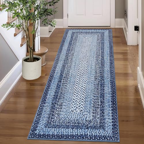 GarveeHome Printed Rug with Braided Pattern on it, Washable Runner 2x8 Rugs for Entryway Non Slip Kitchen Runner Low Pile Hallway Rug Stain Resistant Carpet for Bathroom Laundry Room