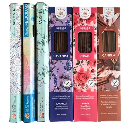 120 Inciensos Naturales sin Tóxicos para Casa | Pack Armonía y Bienestar para Reducir Estrés y Potenciar la Felicidad - 6 Aromas: Antiestrés, Felicidad, Jazmín, Lavanda, Rosas y Canela - Aromaterapia