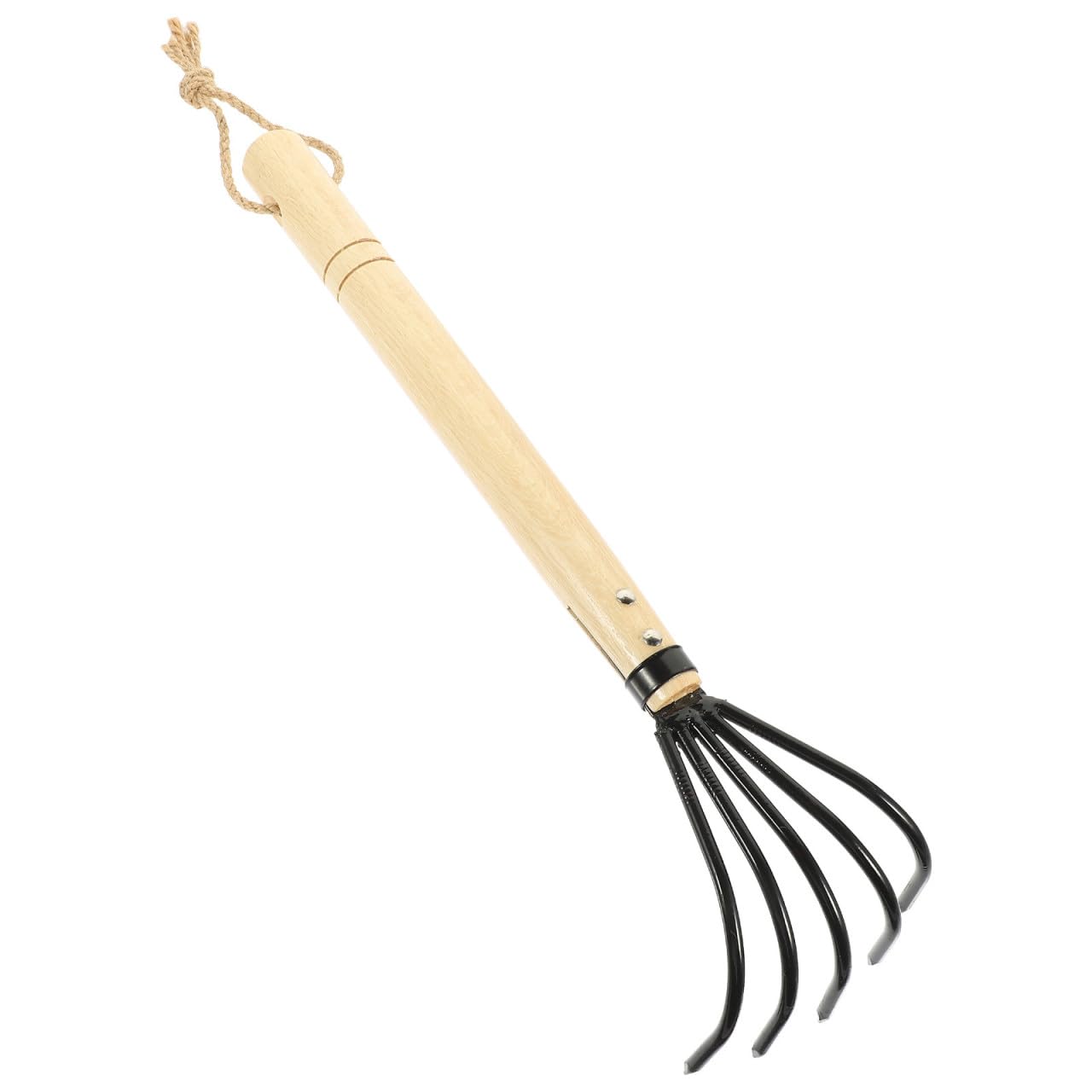 Rastrillo de mano de 5 puntas, acero al carbono con mango de madera, herramienta ligera de jardín y playa para aflojar y cultivar el suelo, fácil de usar