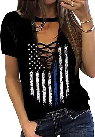 Camouflage American Flag Lace-Up Blouse for Women, 4th of July Patriotic Printed Shirt