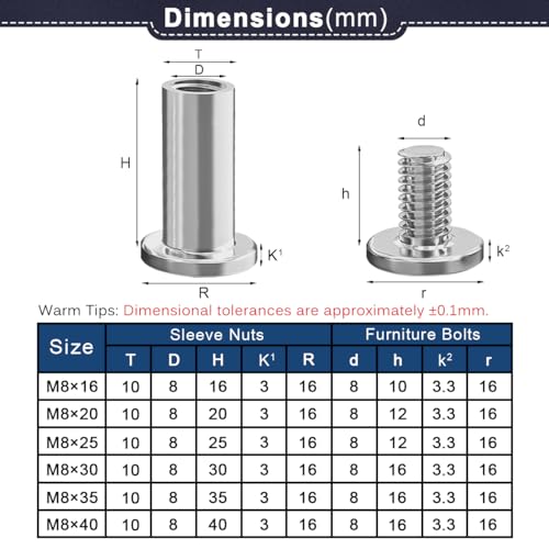 Drenky 10 Sets Connecting Bolts M8 Belt Buckle Binding Bolts 304 Stainless Steel Screw Post M8 X 20mm Furniture Bolts Sleeve Nuts for Bed Door - Image 2