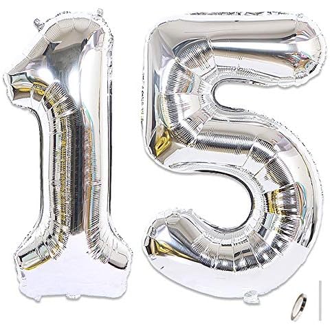 2pcs 40 Inch Jumbo Giant Number 15 Mylar Balloons for Birthday Party Decoration, Silver Cover