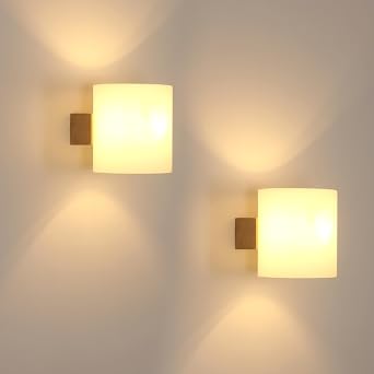 Comely Wall Light Indoor Wood 2 Pieces E27 Wall Lamp with Glass Lampshade [Energy Class E]