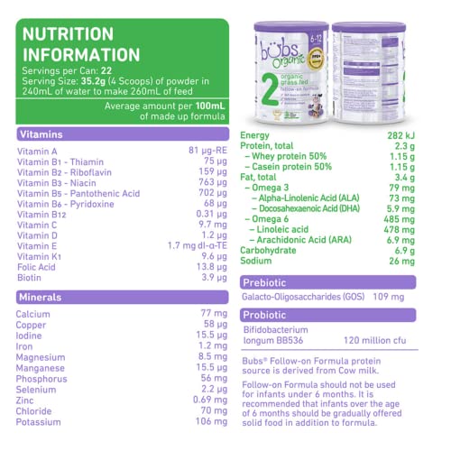 Bubs Organic Grass Fed Follow-On Formula Stage 2, Infants 6-12 Months, Made With Organic Milk, 28.2 Oz #TOP6