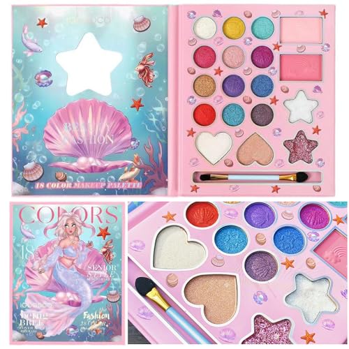 Set Maquillaje para Niñas,Estuche Maquillaje Niña con 3 cepillos Lavables, Juego de Maquillaje No Tóxico, para Navidad Regalo,actuaciones en Escenario, Halloween (18 Colores)