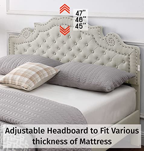 King Upholstered Platform Bed Frame With 47" Tall Adjustable Headboard - Button Tufted Linen Bed - Wood Slat Support With Storage Space - No Box Spring Needed - Beige - Oliver & Smith - Elizabeth #TOP3