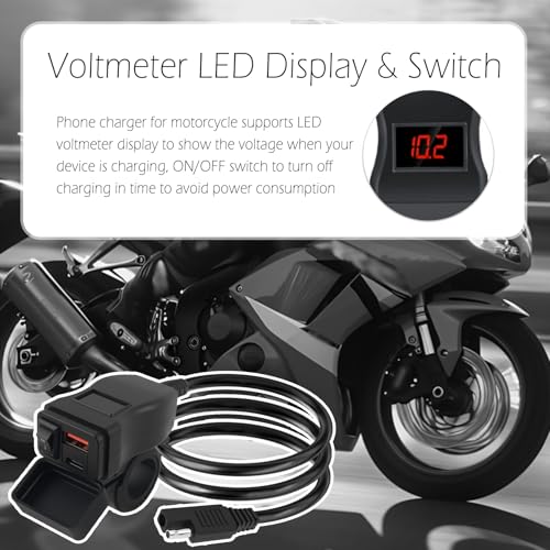 Motorcycle Phone Charger,Dual USB QC + 30W PD Quick Motorcycle USB Charger with Red Voltmeter and ON/Off Switch,SAE to USBs & Type C Motorcycles USBs Port for Tablet,Phone,GPS