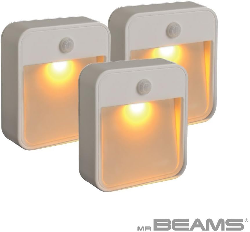 Beams MB720A 20 Lumen Amber LED Sleep Friendly Wireless Battery Powered Motion Sensing Nightlight, 3-Pack, White