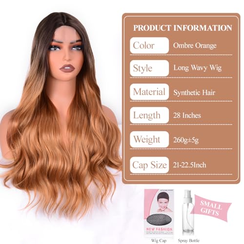 Vitorish Ombre Orange Wigs Long Curly Wig for Women Soft and Bouncy Small Lace Natural Looking Long Wavy Wig Synthetic Hair Wig for Party Cosplay Daily Use 28 Inch (Ombre Orange (R/30), 28 Inch) — view 2