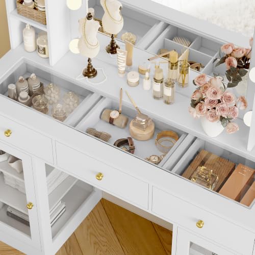 Image of Wodeer Makeup Vanity Desk with Mirror and Lights, White Vanity with Glass Top, LED Lights & Power Outlet, 3 Drawers & 2 RGB Glass Cabinets, Adjustable Lighted Dressing Table for Women & Girls Bedroom