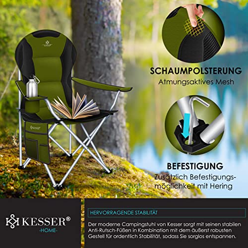 Foto von KESSER® Campingstuhl faltbar bis 150 kg Angelstuhl Faltstuhl Klappstuhl Gepolstert mit Armlehnen und Getränkehalter + Tasche mit hoher Rückenlehne, Strandstuhl, Klapphocker, Farbe:Khaki/Schwarz
