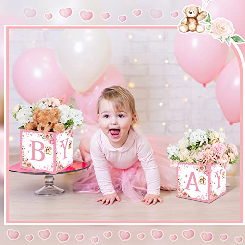 Image of Bucherry 6 Pcs Baby Shower Centerpieces with Letters, 7 inch Baby Blocks Flower Boxes for Table Decorations, Gender Reveal Party Supplies & Photo Props(Pink,Pink Bear)