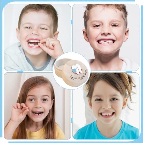 Tooth Fairy Box - 나무 치아 기념품 컬렉션 치아 보관 용기, 보관 파우치 및 보상 동전 포함, 아동용 첫 잃어버린 이빨 및 요정 선물 — 사진 5