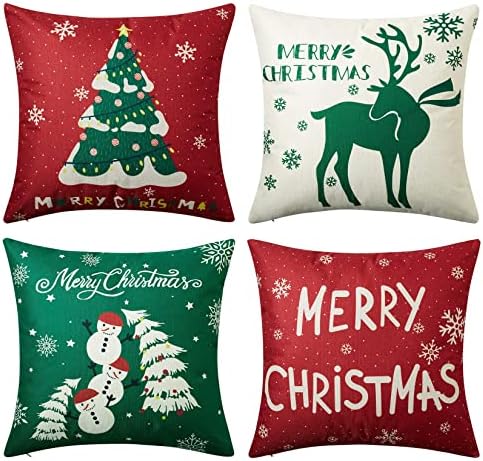 Christmas Cushion Cover Set of 4 Christmas Decorations Pillow Covers 45 x 45 cm Square Xmas Cushion Covers Red and Greeen Christmas Pillow Cases for Sofa Home Decor 18 x 18 Inch
