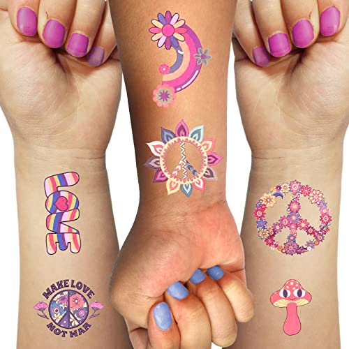 Hippies Temporary Tattoos 70'S Love And Peace Summer Mixed Styles Tattoos Stickers Birthday Party Decorations Favors For Kids Girl Women Hand Wrist Body Art (79 Styles) #TOP5