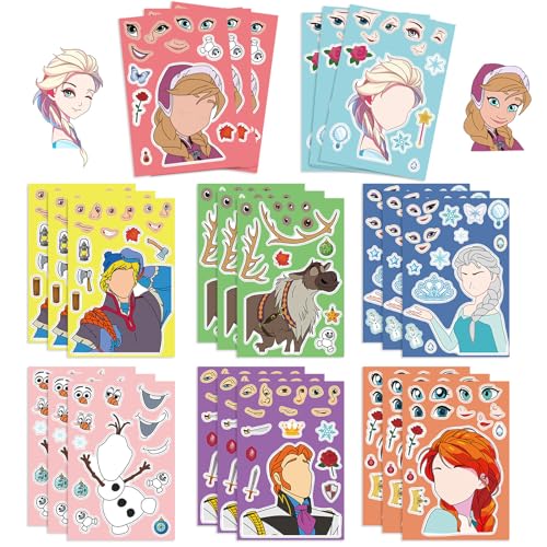 16 Sheet Frozen Make a face Stickers for Kids Girls, Birthday Party Favors Supplies, Mixed and Matched with 8 Designs Stickers for Party Decorations Class Reward Parent-Child Interaction (Princess)