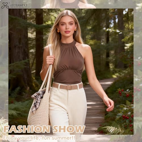 JOYSHAPER Built in Bra Tank Tops for Women Going Out Tank Top Y2k Tops Ruches Halter Tie Tops Basic Tops Sleeveless Maroon Top Brown XL — view 2