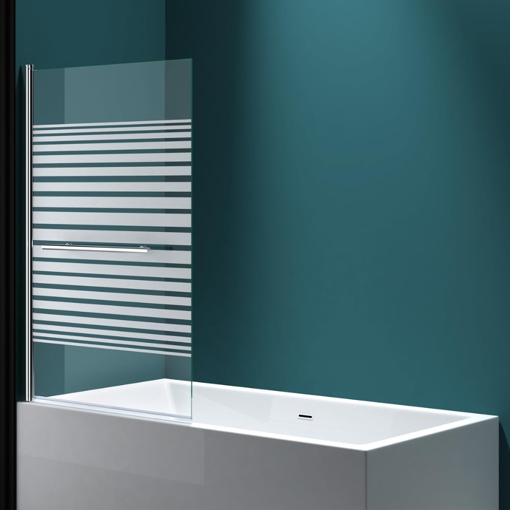 Db Durovin Bathrooms Frosted Striped Durovin Bathrooms 1400 X 960Mm Over Bath Shower Screen 180° Pivot Door Glass Panels & Screens For Baths, 6Mm Toughened Safety Glass, Towel Rail Handle Bar