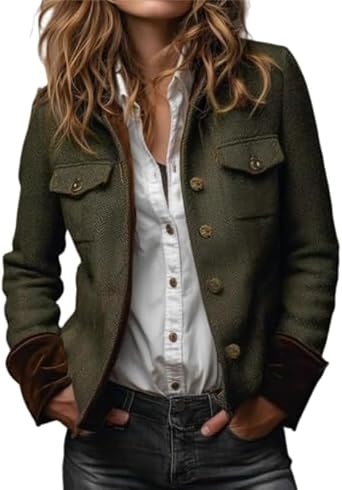 Womens Tweed Blazer Jacket Herringbone Checkered Patchwork Long Sleeve Business Casual Work Office Blazer with Pockets