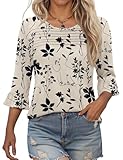 Kistore 3/4 Ärmel Elegante Rundhalsausschnitt Blusentops Festlich Hemden Business Baumwollblusen Damen T Shirt Sommershirt Frauen Modern Lässige Mode Frühling Top Schwarz Blumen L