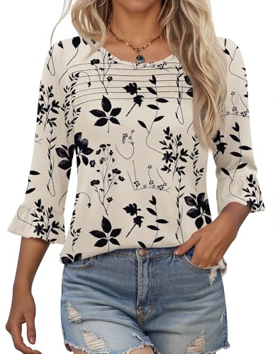 Kistore Damen Bluse 3/4 Ärmel Sommer Oversize T Shirts Locker Elegant Rundhalsausschnitt Top mit Falten Lässig Arbeit Business Tunika Oberteile Basic Leicht Schwarz Blumen XXL